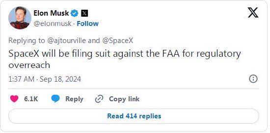 马斯克称SpaceX将起诉美航管局“监管越权”